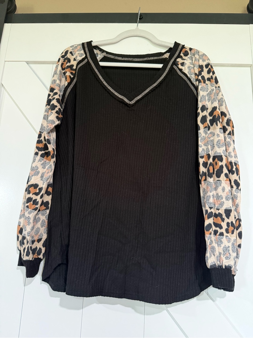 Black Top with Leopard Print Sleeves - Women